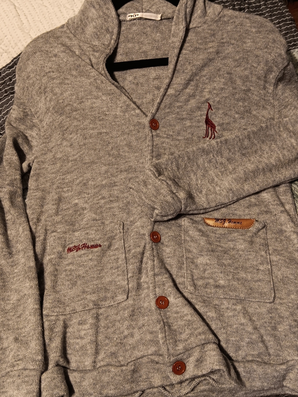Men's Gray Shawl Collar Button Cardigan with Embroidered Detail